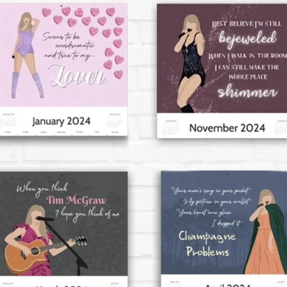 Taylor Swift 2024 wall calendar featuring iconic photos and lyrics artwork walla